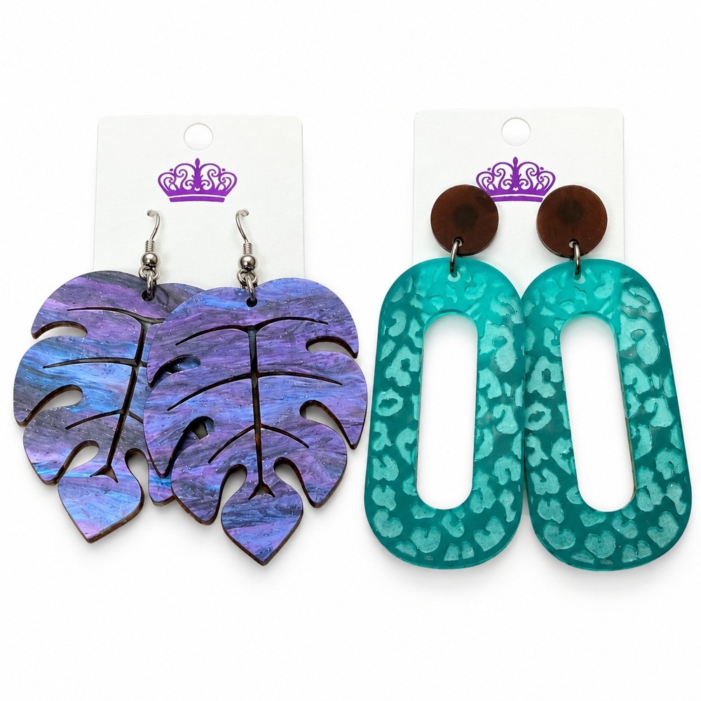 Earrings Women OS Purple Teal Monstera Leaf Leopard Print Acrylic Lot